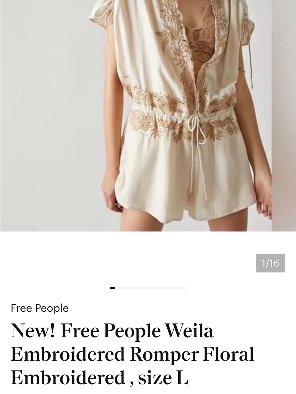 Free People Cream Romper with Tan Floral Embroidery